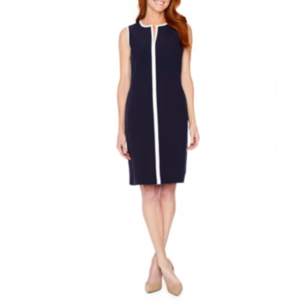 Black Label by Evan Picone Women’s Sleeveless Sheath Dress Navy w/White Piping 4